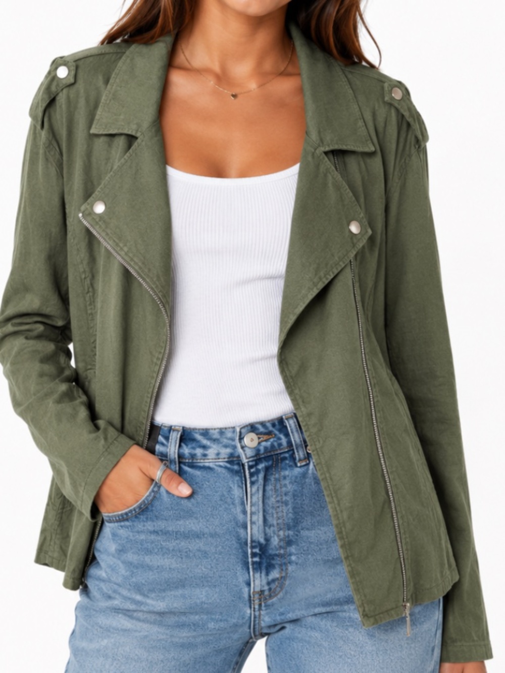 INC INTERNATIONAL CONCEPTS Olive Green Linen Moto Jacket NWOT size large
